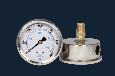 Liquid Filled Pressure Gauge, 0-3000 psi/bar