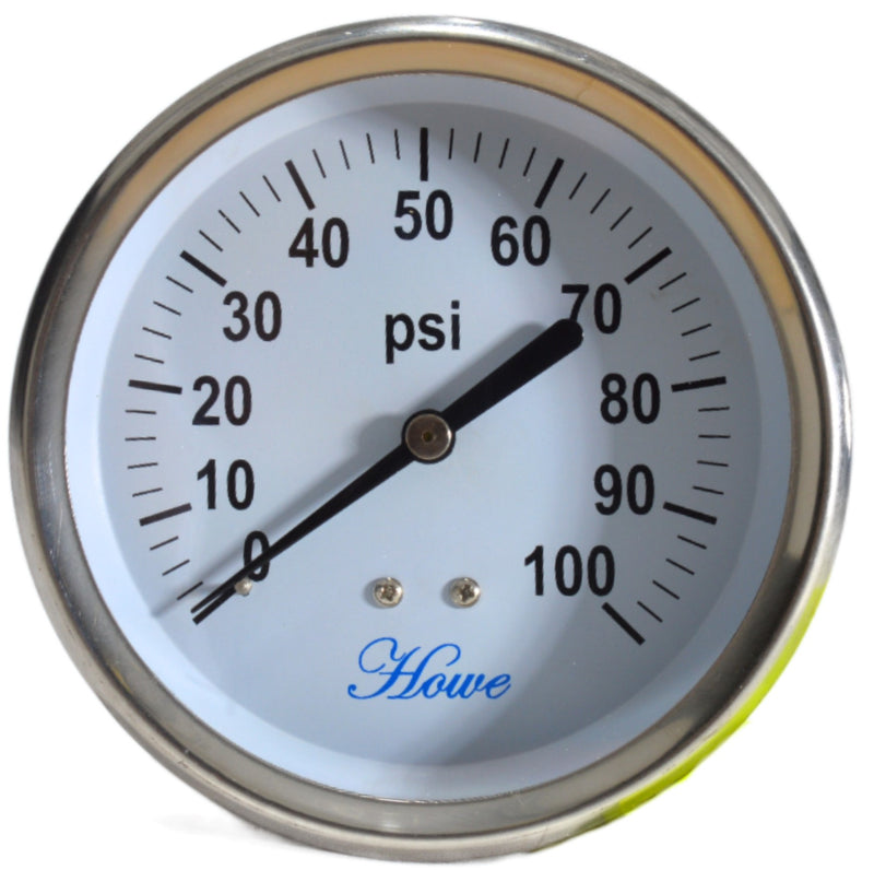 4" Industrial Pressure Gauge stainless steel, polycarbonate lens, brass wetted part, dry or liquid filled, center back or bottom low connection, 1/4" npt with restrictor. Front view of 0-100 psi dry center back gauge