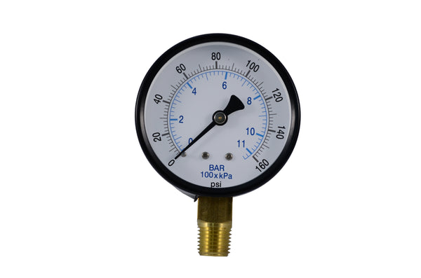 2.5" pressure gauge with black corrosion-resistant painted steel and a glass lens. Bottom/low connection, 1/4" npt, and 0-160 psi/bar pressure range. Front view of pressure gauge.