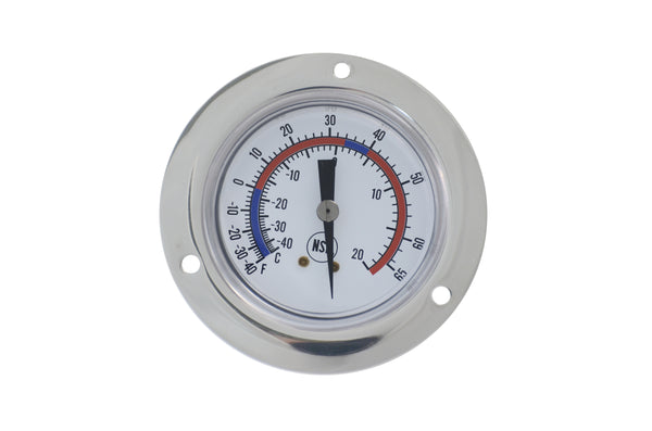 2" stainless steel with rear flange vapor thermometer. Polycarbonate lens with center mount. 1/4" npt, 120" chrome copper capillary with 1.75" chrome brass bulb with 031" o.d. -40°-65°F/C Front view of vapor thermometer