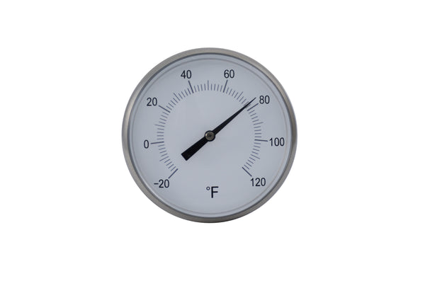 2" stainless steel bimetal -20-120F degrees. Front view of thermometer