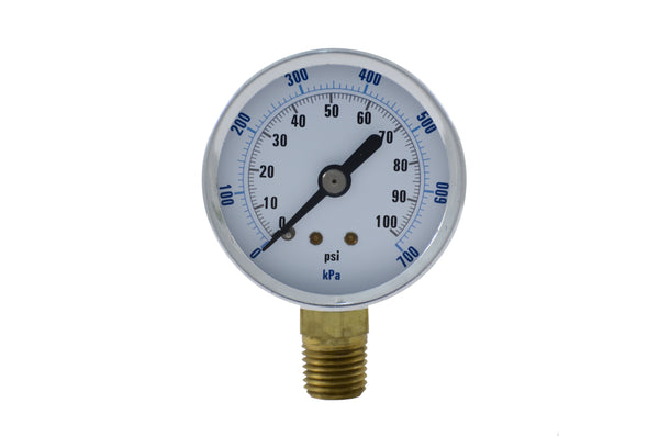2" black painted steel pressure gauge with glass lens and chrome plated ring. Bottom mount with 1/4" npt. 0-100psi / 700kpa Front view of pressure gauge