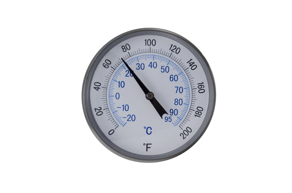 2" stainless steel bimetal thermometer with polycarbonate lens. Unthreaded, center back, and 1/4" npt with a 13" or 18" stem length. Dual scale 0°-200°F / -15°-90°C Front view of thermometer