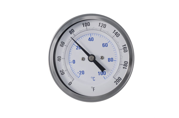 3" stainless steel bimetal thermometer with polycarbonate lens. Center mount with 1/2" npt, 1/4" stem diameter, and 4" stem length. Dual scale 0°-200°F / -15°-90°C Front view of thermometer