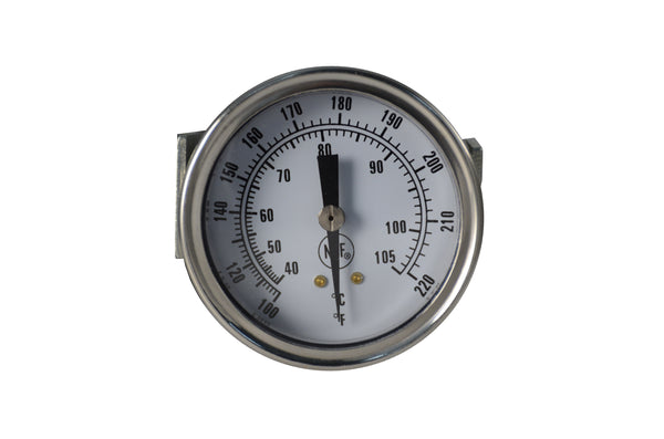 2" stainless steel vapor thermometer with U-clamp mount. 98" pvc capillary, center back connection, and union-connected bulb. Temperature range: 100-220°F/40-105°C Front View of vapor thermometer.