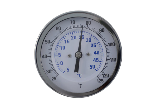 3" stainless steel bimetal thermometer with polycarbonate lens. 1/2" npt, 1/4" stem diameter, and 4" stem length. Dual scale 25°-125°F / -5°-50°C Front view of thermometer