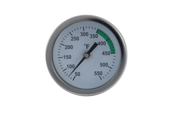 2" stainless steel bimetal thermometer with polycarbonate lens. Center back mount, 1/4" npt with 5" stem length. -20°-120°F Front view of thermometer
