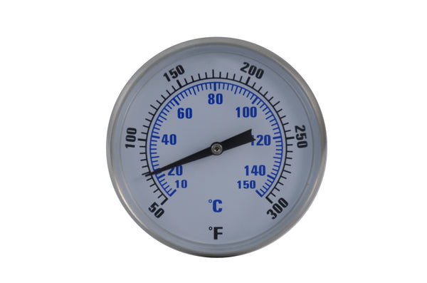 2" stainless steel bimetal thermometer with polycarbonate lens. Unthreaded, center back mount, 1/4" npt with a 4" stem length. Dual Scale 50°-300°F / 10°-150°C Front view of thermometer