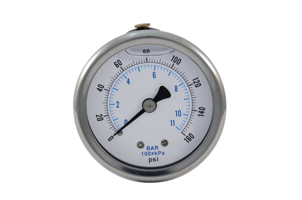 2" stainless steel, liquid filled industrial pressure gauge, with polycarbonate lens. Center back mount, 1/4" npt with snubber. 0-160 psi / 0-11 bar / 0-1100 kpa Front view of industrial pressure gauge