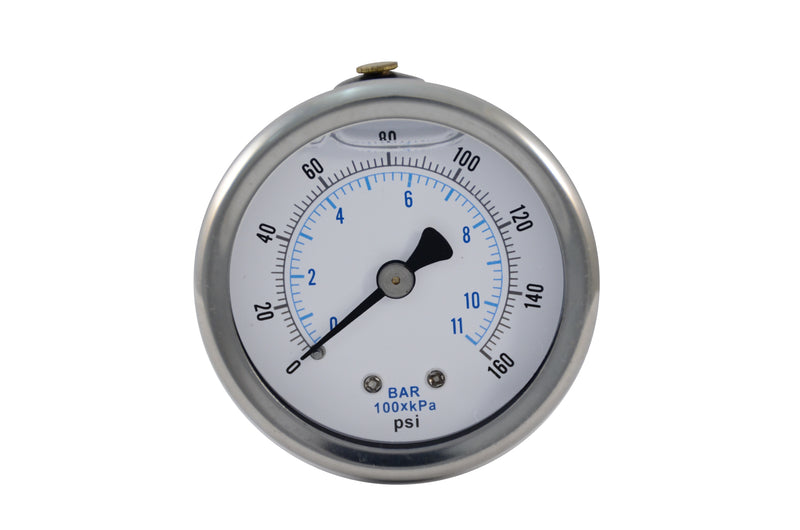 2" stainless steel, liquid filled industrial pressure gauge, with polycarbonate lens. Center back mount, 1/4" npt with snubber. 0-160 psi / 0-11 bar / 0-1100 kpa Front view of industrial pressure gauge