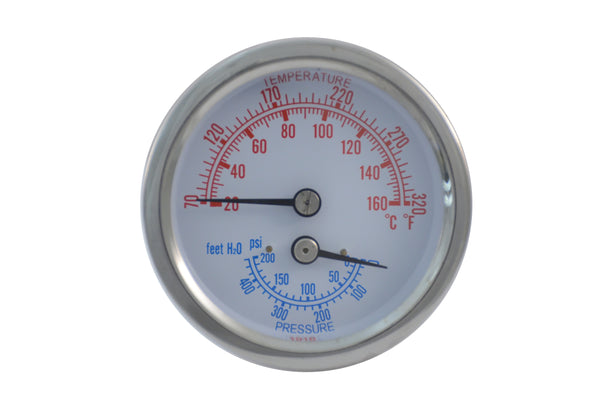 2.5" stainless steel tridicator with polycarbonate lens. Center mount with 2" extension shank including 1/4" npt and 0.94" wotj 0.314 o.d. stem length. Temperature Range: 70-320°F/20-160°C   Pressure Range: 0-460 feet H2O/0-200psi Side view of tridicator 