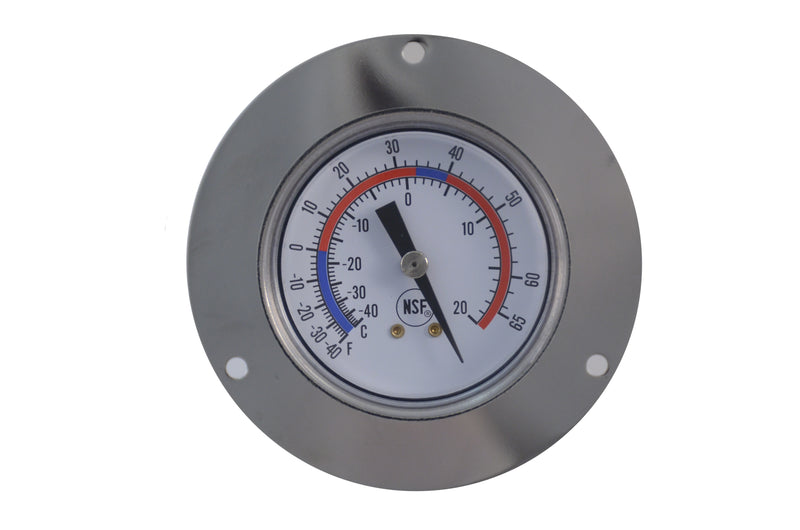 2" stainless steel with rear flange vapor thermometer. Polycarbonate lens with center mount. 1/4" npt, 48" chrome copper capillary with 1.75" chrome brass bulb with 031" o.d. -40°-65°F/C Front view of vapor thermometer