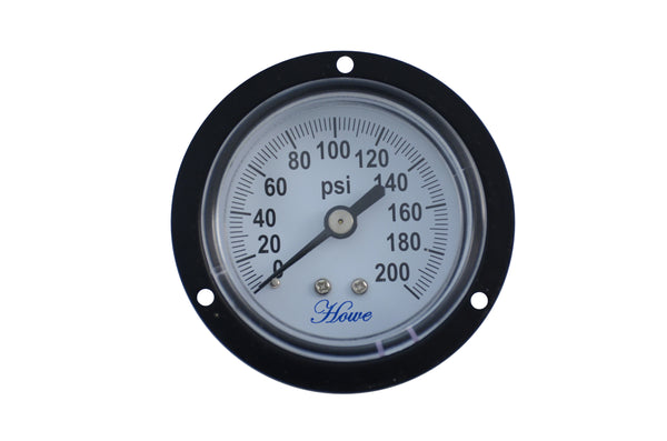 2" black steel with front flange general service pressure gauge with a plastic lens. Center back mount, 1/4" npt or 1/8" npt, and a variety of pressure ranges. Front view of general service pressure gauge 0-200 psi