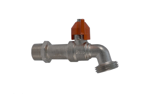  Drain Valve  Valve: Ball Type  Seat Material: PTFE (Teflon)  Body: Chrome-Plated Brass  Style: Straight  Handle: Red Wing  Inflow Connection: 1/2" NPT   Outflow Connection: 5/8" NH Side view of drain valve