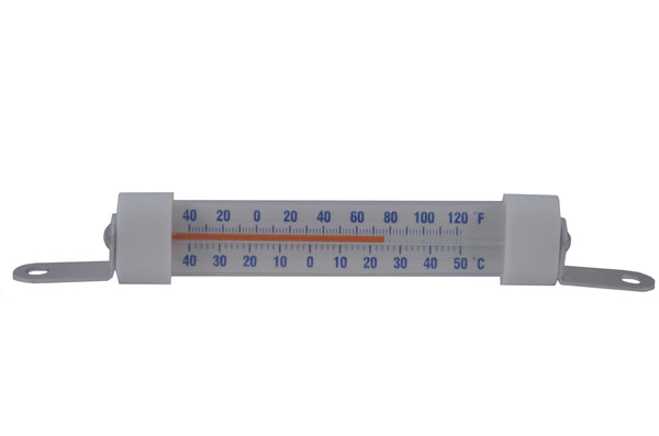 3" horizontal glass thermometer with plastic case material. Tubing with glass and red liquid. White plastic end caps with metal brackets mount. Dual Scale -40°-120°F / -40°-50°C