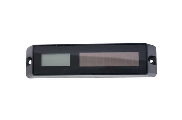 Front of Digital thermometer model CC102 with a solar powered power source and battery back up. Black abs plastic case, 4.49x1.14x0.63 inch dimension. 
