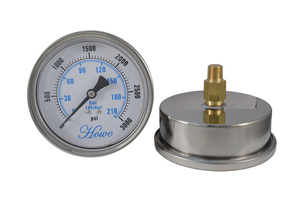 4" Industrial Pressure Gauge stainless steel, polycarbonate lens, brass wetted part, dry or liquid filled, center back or bottom low connection, 1/4" npt with restrictor. Side and front view of 0-3000 psi/bar/kpa dry center back gauge