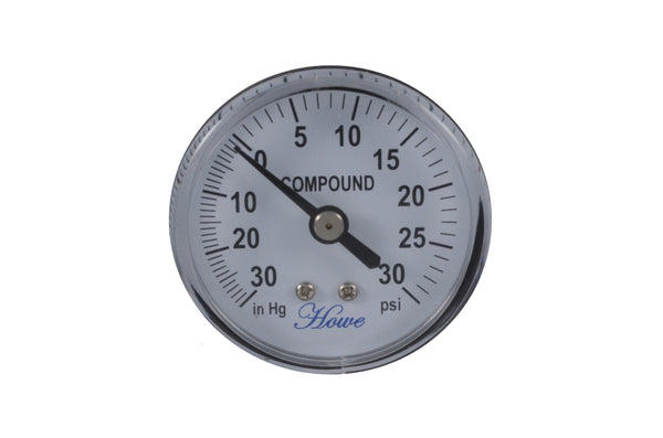 2" black abs plastic general service pressure gauge with acrylic lens. 1/8" npt. Front view of compound gauge -30"Hg to 30 psi