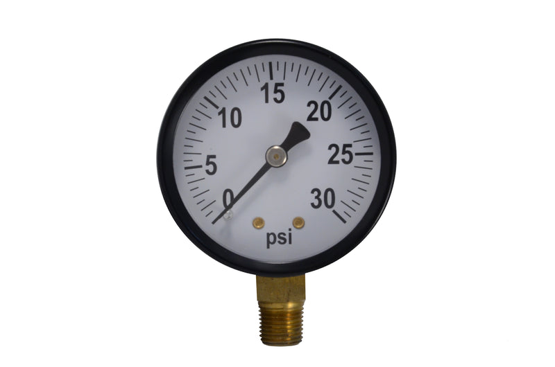 2" black painted steel general service pressure gauge with glass lens. 1/8" NPT bottom/low connection. Front view of 0-30 psi pressure gauge