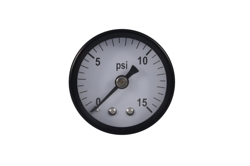 1.5" dry general service pressure gauge with glass, acrylic, or abs plastic lens. Black painted steel or plastic case material.  Varied mounting types and pressure ranges.  1/8" npt connection. Front view of pressure gauge 0-15 psi