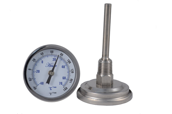 2" stainless steel bimetal thermometer with polycarbonate lens. Center back mount, 1/4" npt, 1/4" stem diameter. Varied stem lengths and temperatures. Side view of bimetal thermometer and dial -40-160 F/C