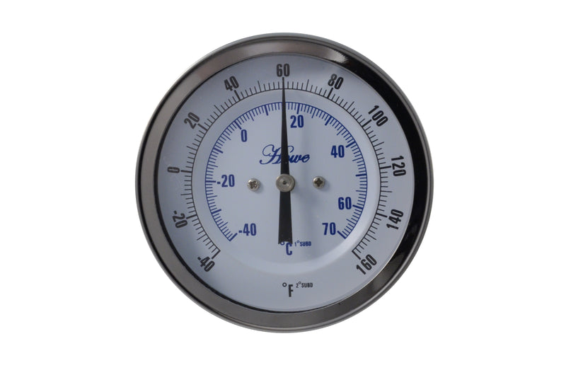 3" stainless steel bimetal thermometer with a polycarbonate lens. Varied mounting types, stem length, and temperature ranges. 1/2" npt connection and 1/4" stem diameter. Front view of bimetal thermometer -40 to 160 F/C