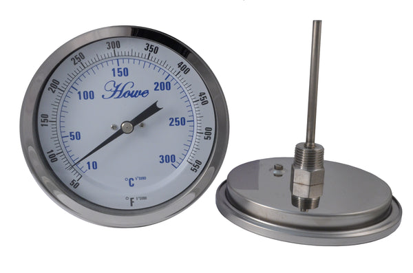 5" stainless steel bimetal thermometer with polycarbonate lens. Varied mounting types, stem lengths, and temperature ranges. 1/2" npt and 1/4" stem diameter. Front/Side view of bimetal thermometer 50-550°F/10-300°C
