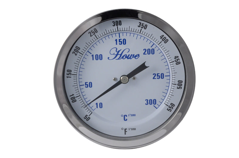 5" stainless steel bimetal thermometer with polycarbonate lens. Varied mounting types, stem lengths, and temperature ranges. 1/2" npt and 1/4" stem diameter. Front view of bimetal thermometer 50-550°F/10-300°C