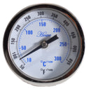 2" stainless steel bimetal thermometer with polycarbonate lens. Center back mount, 1/4" npt, 1/4" stem diameter. Varied stem lengths and temperatures. Pictured: Dial face with 50-550 F/C