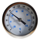 2" stainless steel bimetal thermometer with polycarbonate lens. Center back mount, 1/4" npt, 1/4" stem diameter. Varied stem lengths and temperatures. Pictured: dial face with 0-250 F/C