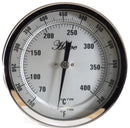 5" stainless steel bimetal thermometer with polycarbonate lens. Varied mounting types, stem lengths, and temperature ranges. 1/2" npt and 1/4" stem diameter. Front view of bimetal thermometer 150-750°F/70-400°C