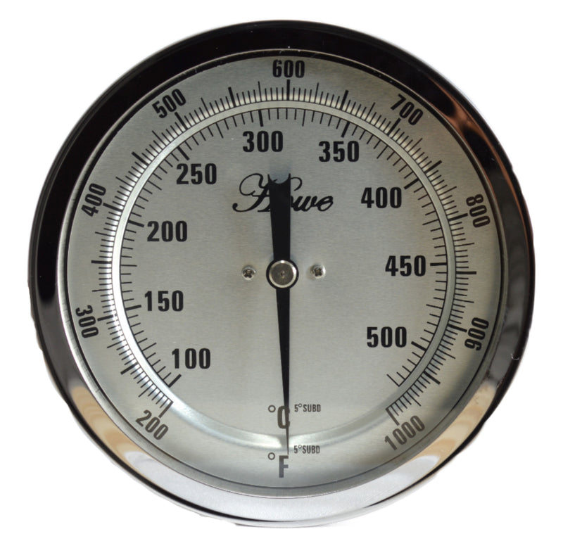 5" stainless steel bimetal thermometer with polycarbonate lens. Varied mounting types, stem lengths, and temperature ranges. 1/2" npt and 1/4" stem diameter. Front view of bimetal thermometer 200-1000°F/100-550°C