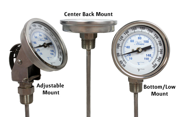 3" stainless steel bimetal thermometer with a polycarbonate lens. Varied mounting types, stem length, and temperature ranges. 1/2" npt connection and 1/4" stem diameter. Mounting types of bimetal thermometer