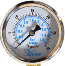 2.5" Industrial Pressure Gauge dry or liquid filled, stainless steel with polycarbonate lens, brass wetted parts, center back or bottom low, 1/4" npt with restrictor. Dial face of 0-30psi/BAR/kPA