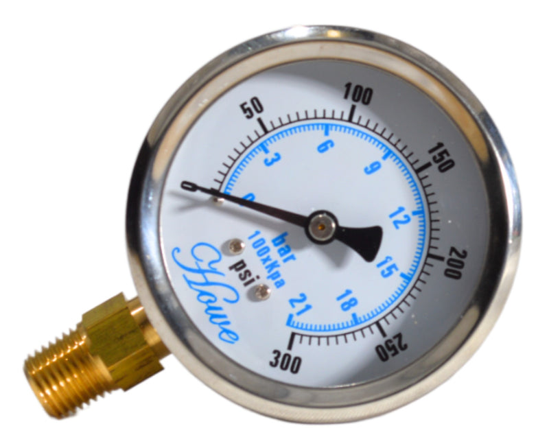 2.5" Industrial Pressure Gauge dry or liquid filled, stainless steel with polycarbonate lens, brass wetted parts, center back or bottom low, 1/4" npt with restrictor. Front view of 0-300psi/BAR/kPA