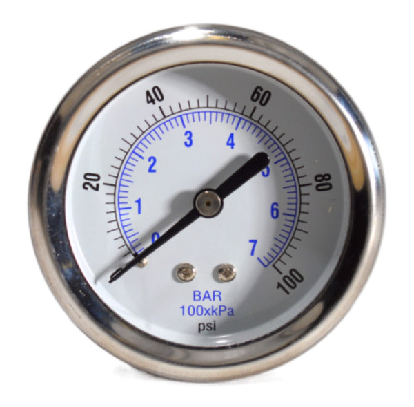 2.5" Industrial Pressure Gauge dry or liquid filled, stainless steel with polycarbonate lens, brass wetted parts, center back or bottom low, 1/4" npt with restrictor. Dial face of 0-100psi/BAR/kPA