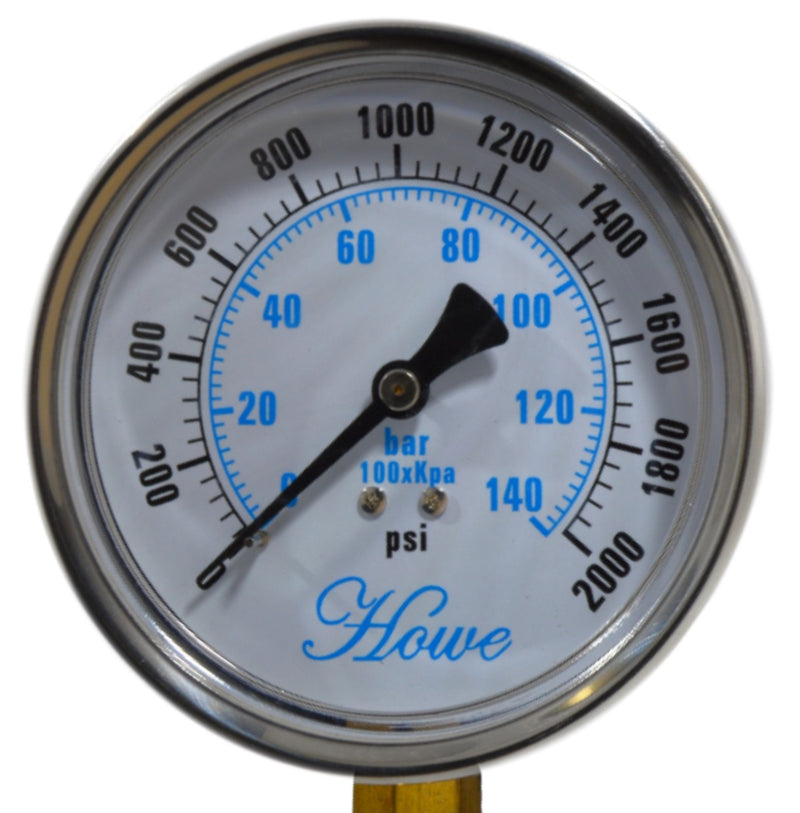 4" Industrial Pressure Gauge stainless steel, polycarbonate lens, brass wetted part, dry or liquid filled, center back or bottom low connection, 1/4" npt with restrictor. Front view of 0-2000 psi/Bar/kPa dry bottom/low gauge