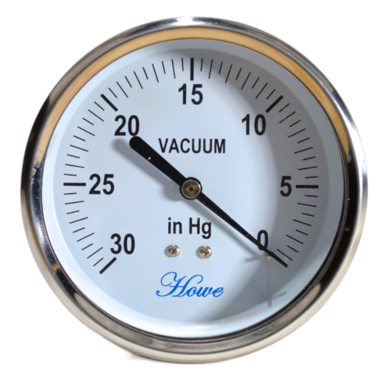 4" Industrial Pressure Gauge stainless steel, polycarbonate lens, brass wetted part, dry or liquid filled, center back or bottom low connection, 1/4" npt with restrictor. Front view of -30-0"Hg dry center back gauge