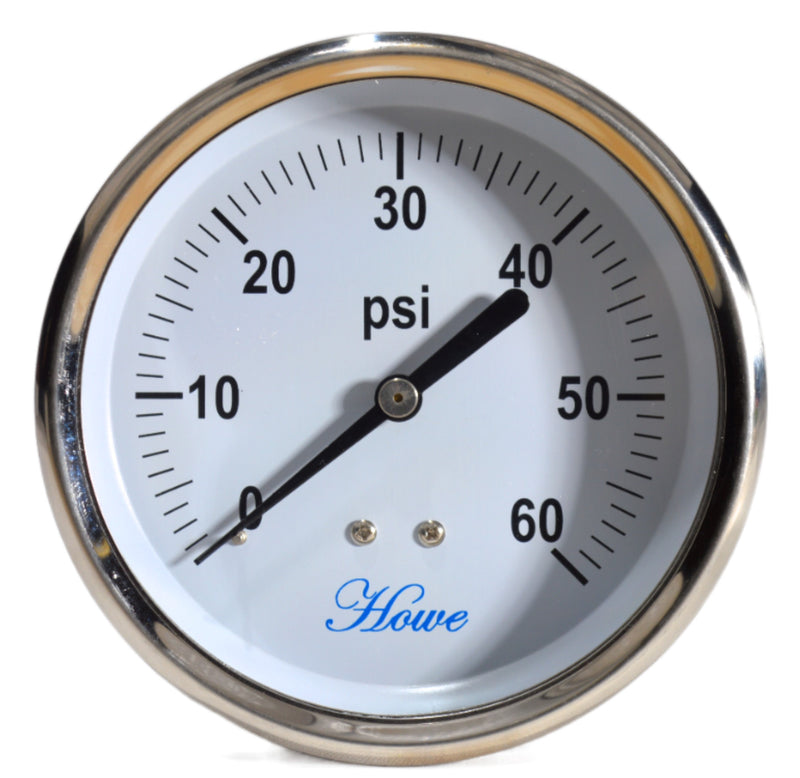 4" Industrial Pressure Gauge stainless steel, polycarbonate lens, brass wetted part, dry or liquid filled, center back or bottom low connection, 1/4" npt with restrictor. Front view of 0-60 psi dry center back gauge