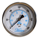 4" Industrial Pressure Gauge stainless steel, polycarbonate lens, brass wetted part, dry or liquid filled, center back or bottom low connection, 1/4" npt with restrictor. Front view of 0-300 psi/Bar/kPa dry center back gauge