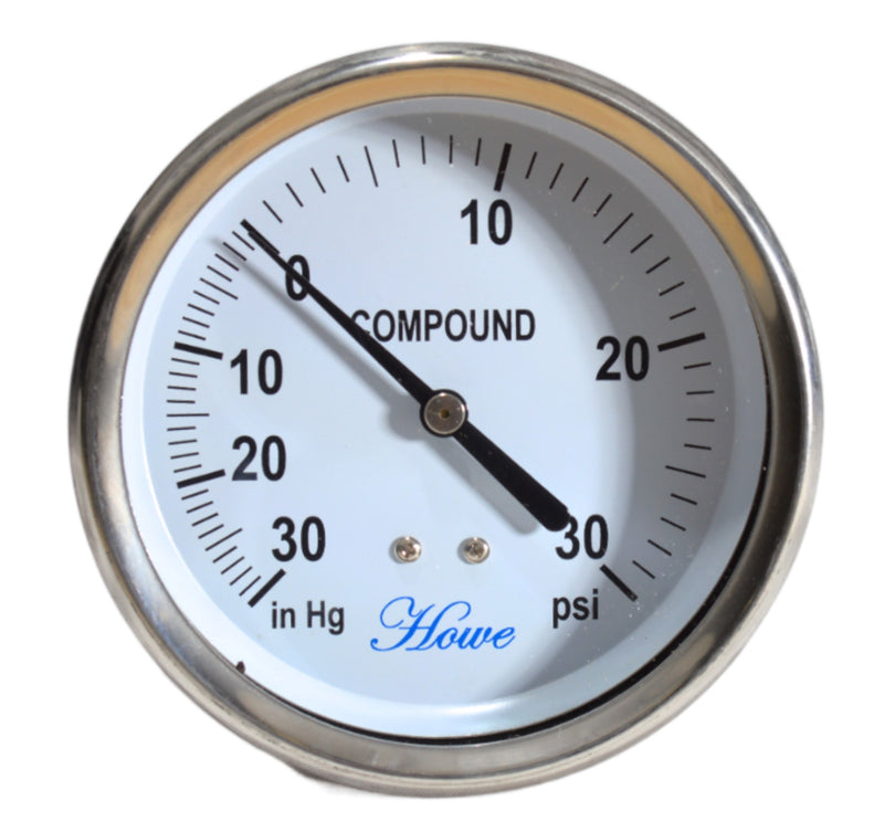 4" Industrial Pressure Gauge stainless steel, polycarbonate lens, brass wetted part, dry or liquid filled, center back or bottom low connection, 1/4" npt with restrictor. Front view of -30"Hg to 30 psi dry center back gauge