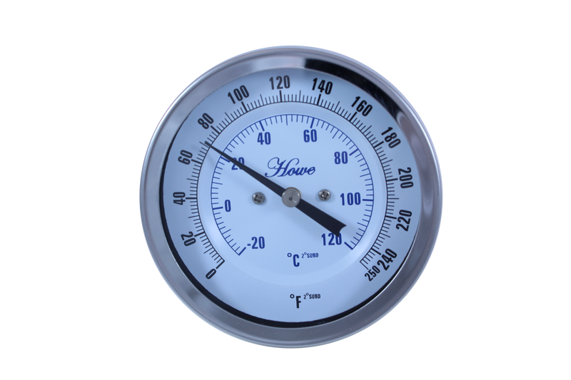 3" stainless steel bimetal thermometer with a polycarbonate lens. Varied mounting types, stem length, and temperature ranges. 1/2" npt connection and 1/4" stem diameter. Front view of bimetal thermometer 0 to 250