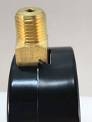 2.5" pressure gauge with black corrosion-resistant painted steel and a glass lens. Bottom/low connection, 1/4" npt, and 0-160 psi/bar pressure range. Side view of pressure gauge with minor cosmetic defect.